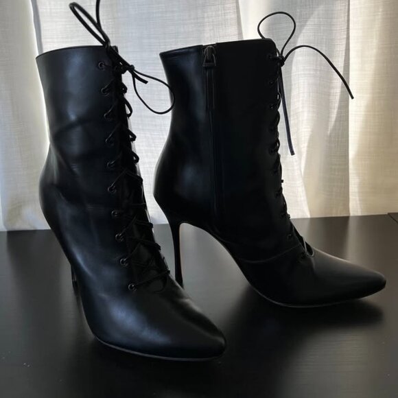 Manolo Blahnik Shoes - Manolo Blahnik Black Leather Zipup/Laceup Stiletto Booties